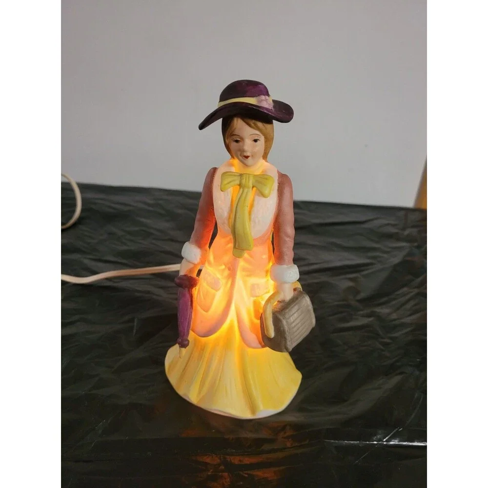 Vtg I.W. Rice Portable Ceramic Night Light Lady Pink & Yellow Dress & Umbrella